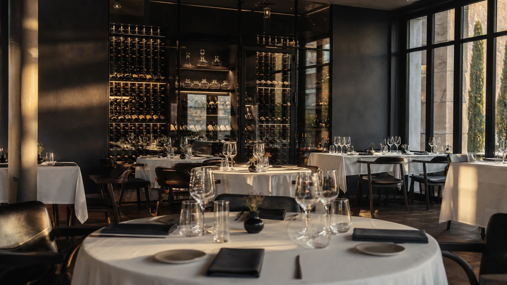 Restaurante contemporáneo con mesas preparadas y una cava de vinos de cristal iluminada por el sol